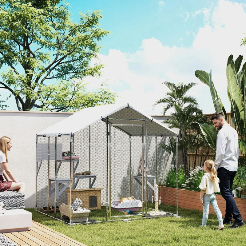 PawHut Refugio Exterior Grande para Gatos Jaula de Acero Galvanizado con Techo Impermeable para 5 Gatos 200x170x195 cm Plateado