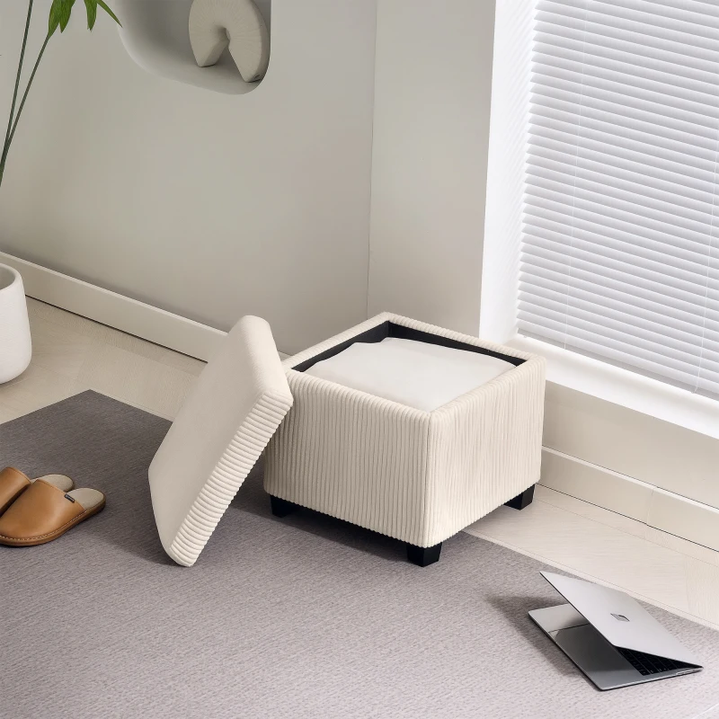 HOMCOM Storage Ottoman Bench, Corduroy Footstool with Removable Lid and Legs, 40cm Storage Chest Box for Living Room, Bedroom, Hallway, Beige