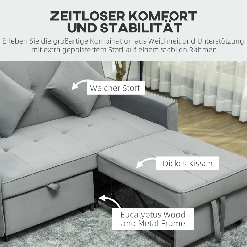 HOMCOM 4-in-1 Sofa, Verstellbare Couch, Sofabett, mit Kissen, Stoffbezug, für Wohnzimmer, Schlafzimmer, Grau