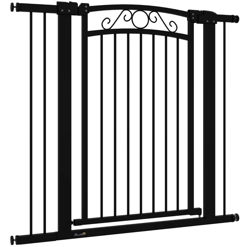 PawHut Puerta para Perros con Ancho Ajustable 76-104 cm Barrera de Seguridad con 2 Extensiones y Doble Bloqueo Negro