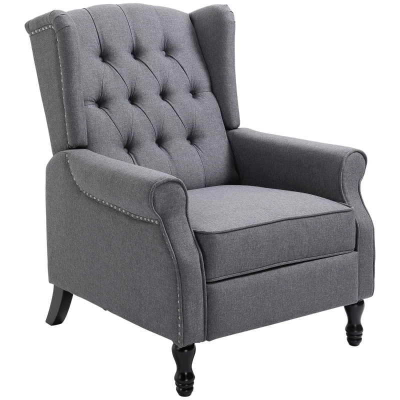 HOMCOM Recliner Armchair, Vintage Reclining Chair with Nail Head Trim, Wingback Chair with Button Tufted Back and Footrest, for Living Room, Grey