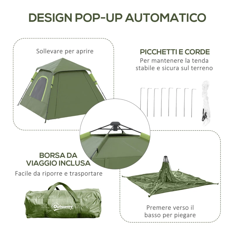 Outsunny Tenda da Campeggio 2 Posti con Veranda, Finestre e Porta con Cerniera, 210x210x150 cm, Verde