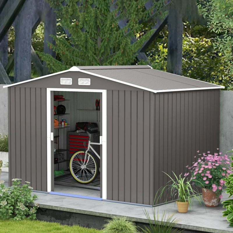 Outsunny Casuta Gradina Gri 277×191×192 cm – Din Lamiera de Fier(m-10)