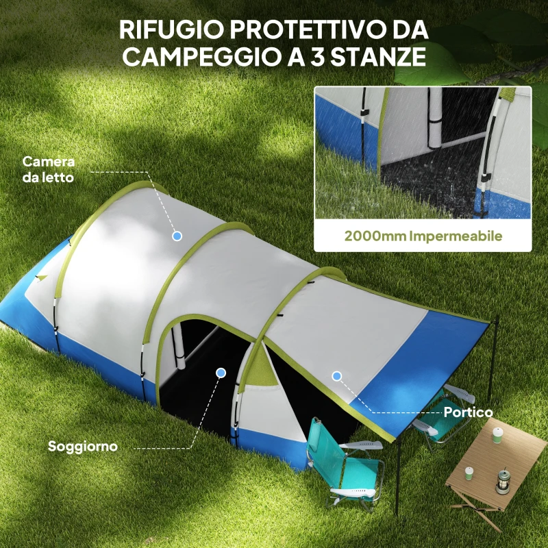 Outsunny Tenda da Campeggio Impermeabile con 2 Aree e 3 Ingressi, in Poliestere e Fibra di Vetro, 420x200x150 cm, Verde