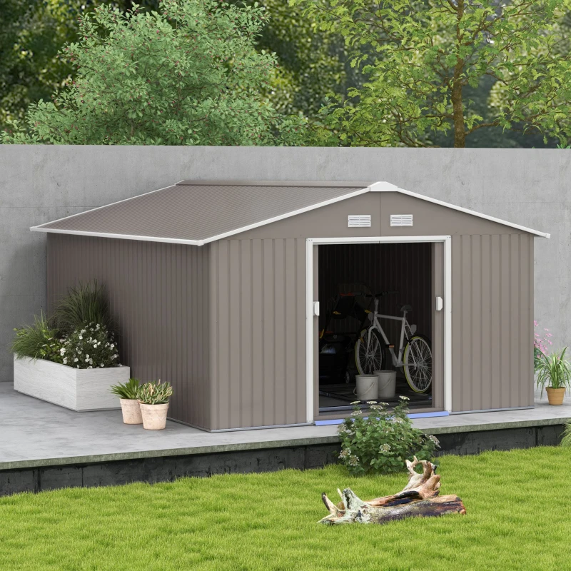 Outsunny Magazie de Gradina cu Usi Duble Glisante si Acoperis Inclinat, Sopron de Gradina din Otel si PP, 3.4x4x2m, Gri(m-11)