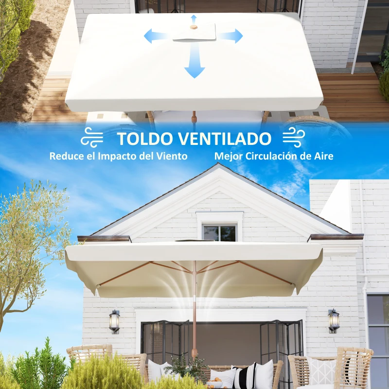 Outsunny Sombrilla de Terraza Exterior 300x200x235 cm con Ángulo Ajustable Mástil de Aluminio Manivela y Protección UV 50+ Crema