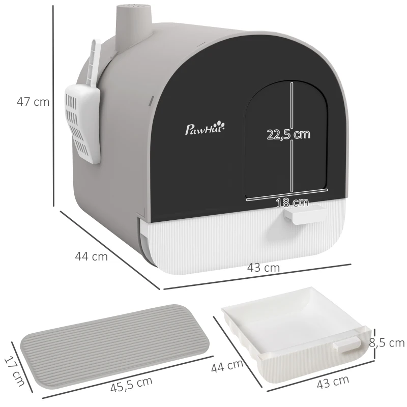 PawHut Katzentoilette mit Deckel, Streuschaufel, Schmutzfangmatte, Kunststoff, Grau/Schwarz(m-3)