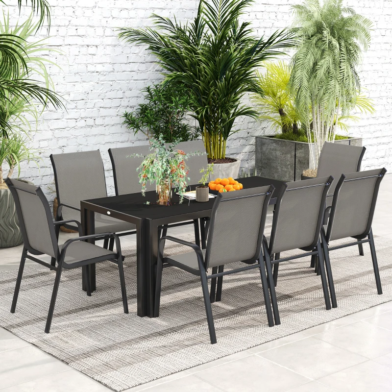 Outsunny Set da Giardino con Tavolo Rettangolare in Vetro e 8 Sedie Impilabili con Braccioli, Grigio Chiaro