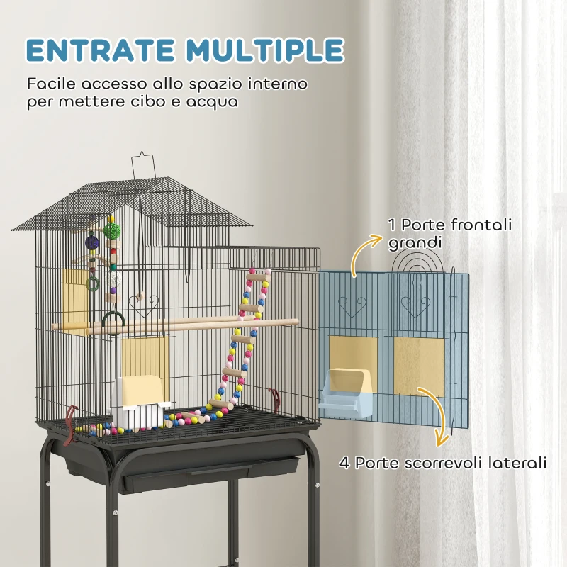 PawHut Gabbia per Uccelli con Piedistallo, Ruote Girevoli, Ripiano e Accessori, 46x36x120 cm, Nero
