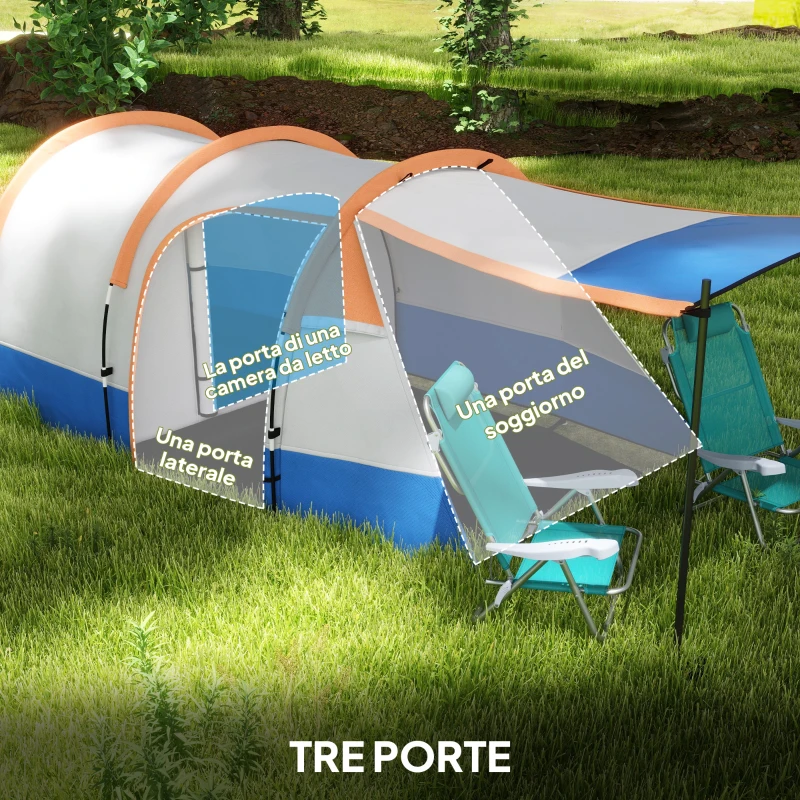 Outsunny Tenda da Campeggio Impermeabile con 2 Aree e 3 Ingressi, Poliestere e Fibra di Vetro, 420x200x150 cm, Arancione