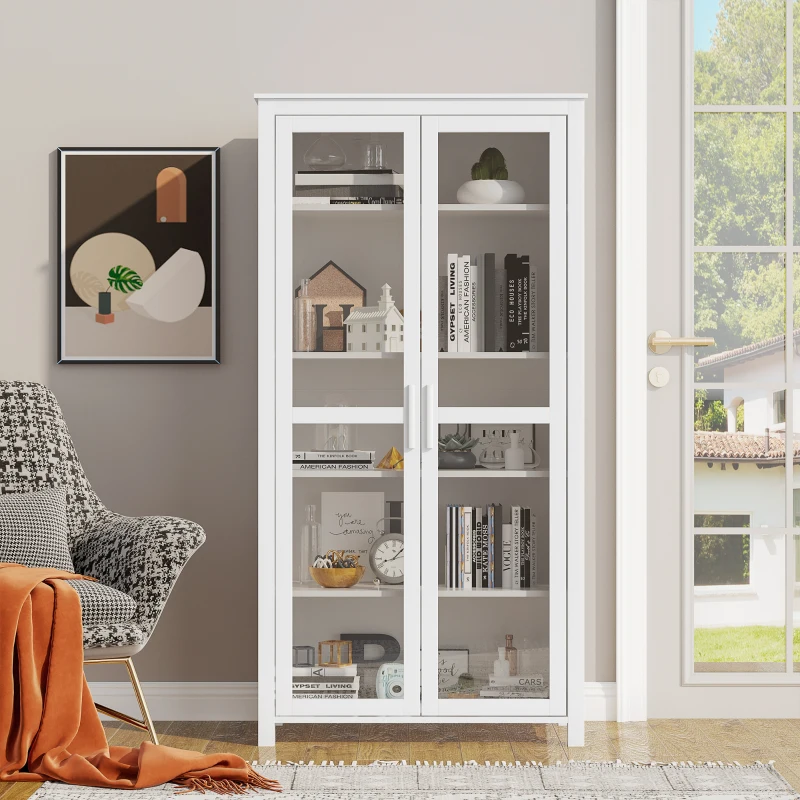 HOMCOM Küchenschrank, 4 Regale, 2 Glastüren, 80 cm x 39,5 cm x 160 cm Weiß