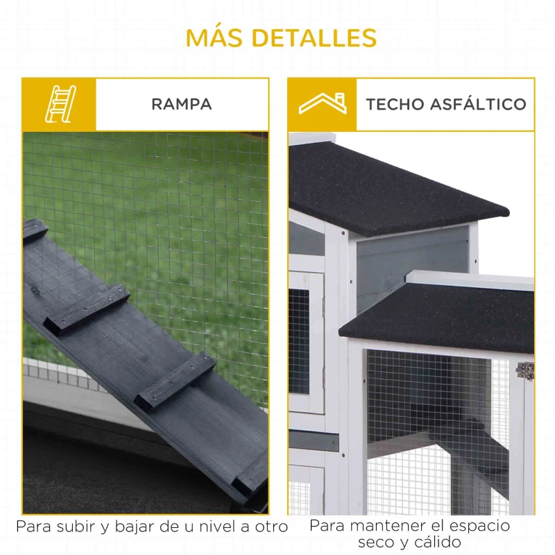 PawHut Conejera de Madera Exterior con Techo Asfáltico 2 Corrales de Metal Bandeja Extraíble 157,4x53x93,5 cm Gris