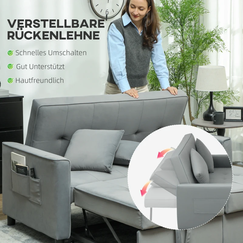 HOMCOM 4-in-1 Sofa, Verstelbare Bank, Bedbank, met Kussens, Stoffen Bekleding, voor Woonkamer, Slaapkamer, Grijs