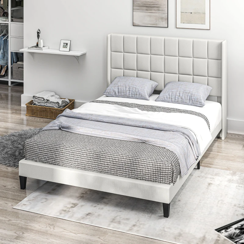 HOMCOM Cama 135x190 cm Estrutura de Cama com Cabeceira Estofada em Linho e Espaço de Armazenamento Debaixo da Cama Bege