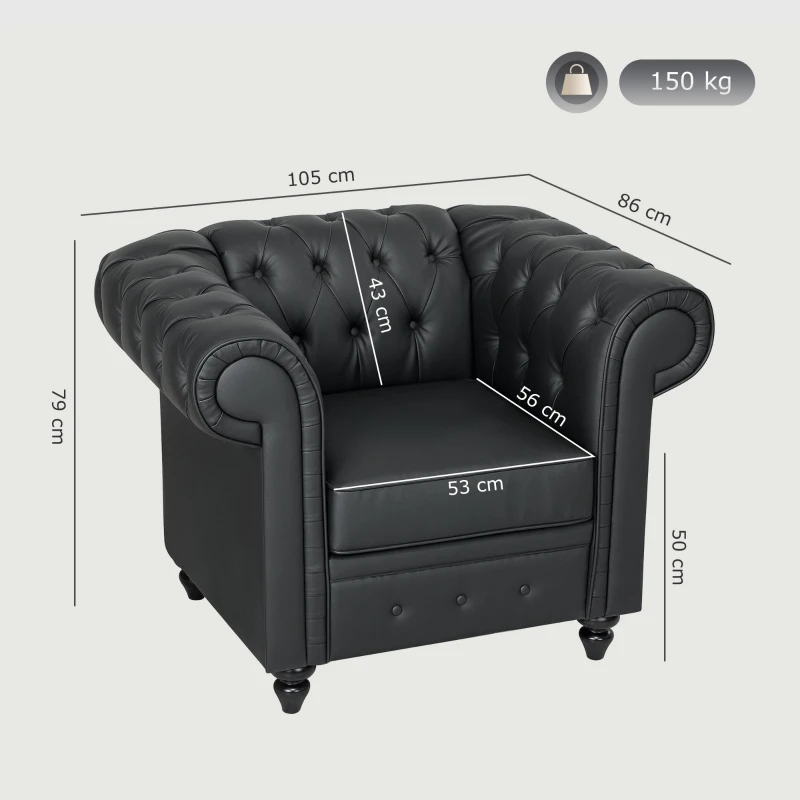 HOMCOM Poltrona da Salotto Stile Chesterfield in Finta Pelle PU con Gambe in Legno, Nero