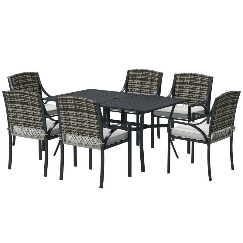 Outsunny Rattan Garden Furniture Set with Cushions, 6 Seater Rattan Dining Set with 6 Armchairs, 150 x 96cm Rectangular Table, Umbrella Hole, for Outdoor, Patio, Balcony, Terrace, Conservatory