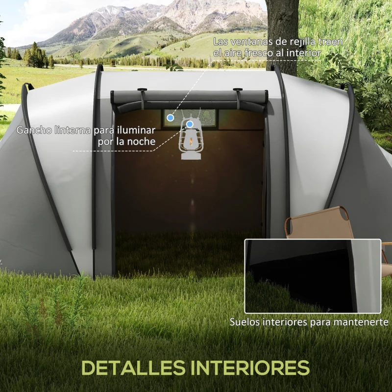Outsunny Tienda de Camping Familiar para 4-5 Personas con 2 Habitaciones Separadas Puertas y Ventanas 450x220x180 cm Gris