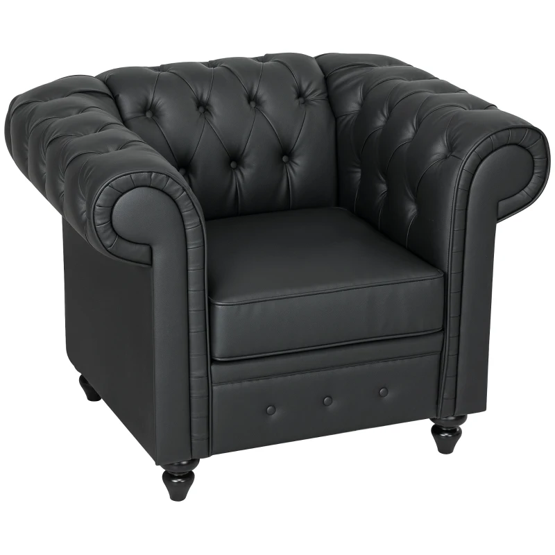HOMCOM Poltrona da Salotto Stile Chesterfield in Finta Pelle PU con Gambe in Legno, Nero