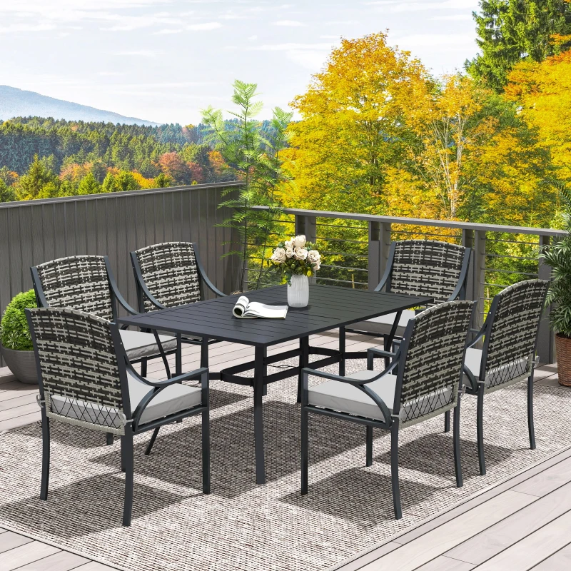 Outsunny Rattan Garden Furniture Set with Cushions, 6 Seater Rattan Dining Set with 6 Armchairs, 150 x 96cm Rectangular Table, Umbrella Hole, for Outdoor, Patio, Balcony, Terrace, Conservatory