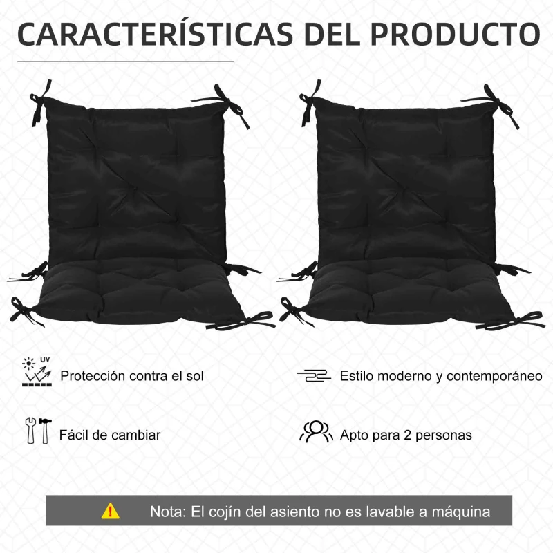 Outsunny Conjunto de 2 Cojines para Silla 50x98x8 cm con Respaldo 6 Cordones de Fijación para Jardín Terraza Balcón Negro