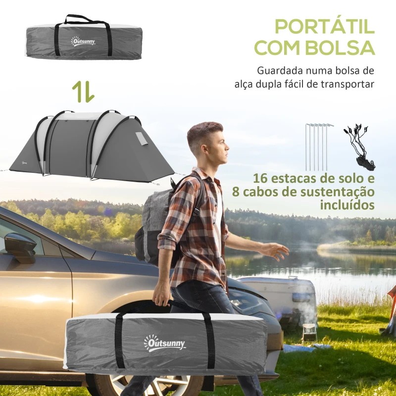 Outsunny Tenda de Campismo Familiar para 4-5 Pessoas Impermeável 3000 mm com 2 Quartos Bolsa de Transporte e Gancho 450x220x180 cm Cinzento