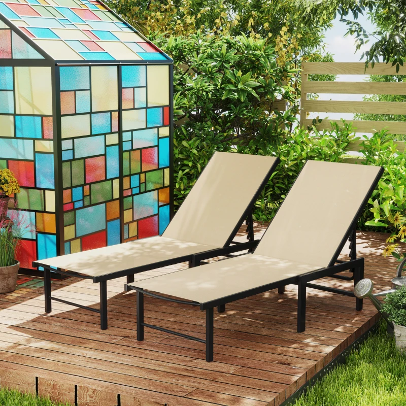 Outsunny Set of Two Reclining Sun Loungers - Khaki