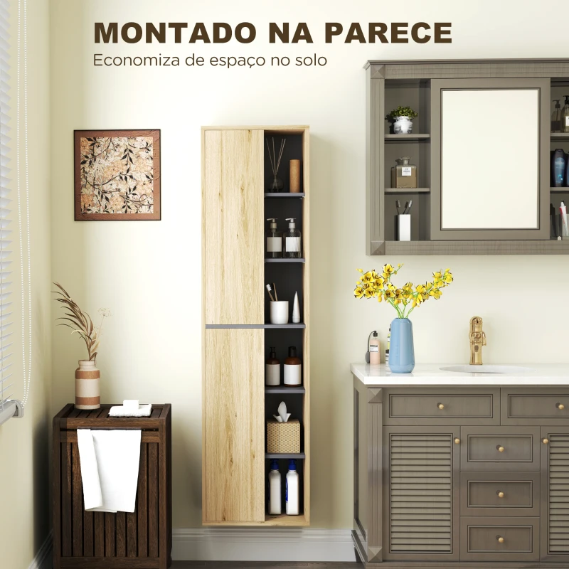 HOMCOM Coluna Casa de Banho de Parede Armário Alto Casa de Banho com Compartimentos Abertos e 2 Portas  40x24x141,5 cm Madeira