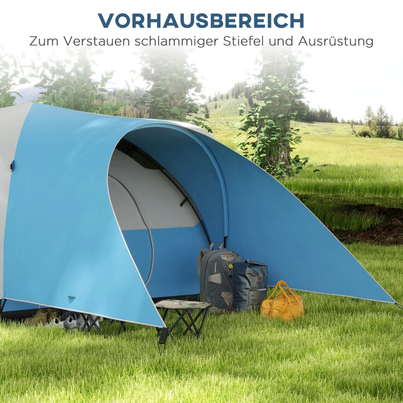 Outsunny Campingtent voor 5-6 Pers., Familietent, Waterdicht, met Voortent, 550L x 300B x 198Hcm, Blauw
