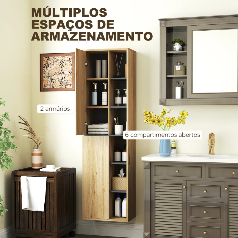 HOMCOM Coluna Casa de Banho de Parede Armário Alto Casa de Banho com Compartimentos Abertos e 2 Portas  40x24x141,5 cm Madeira