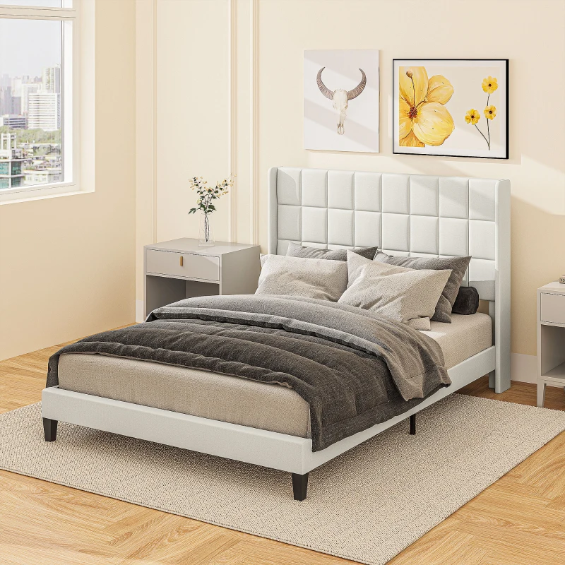 HOMCOM Cama 135x190 cm Estrutura de Cama com Cabeceira Estofada em Linho e Espaço de Armazenamento Debaixo da Cama Bege