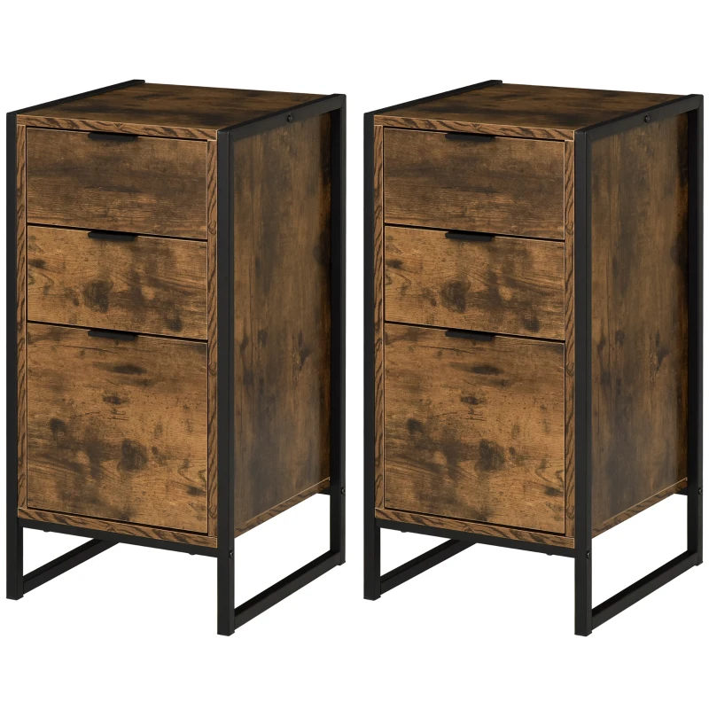 HOMCOM Bedroom Chest of Drawers Set of 2, Industrial 3-Drawer Dresser, Storage Drawers Unit with Metal Frame for Living Room, Rustic Brown