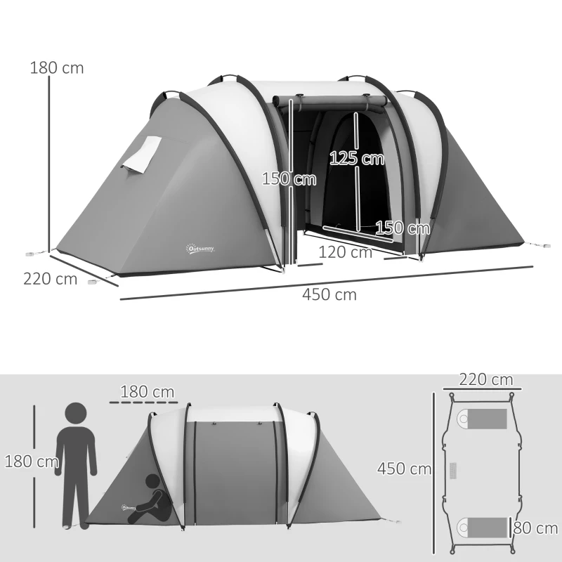 Outsunny Tenda de Campismo Familiar para 4-5 Pessoas Impermeável 3000 mm com 2 Quartos Bolsa de Transporte e Gancho 450x220x180 cm Cinzento