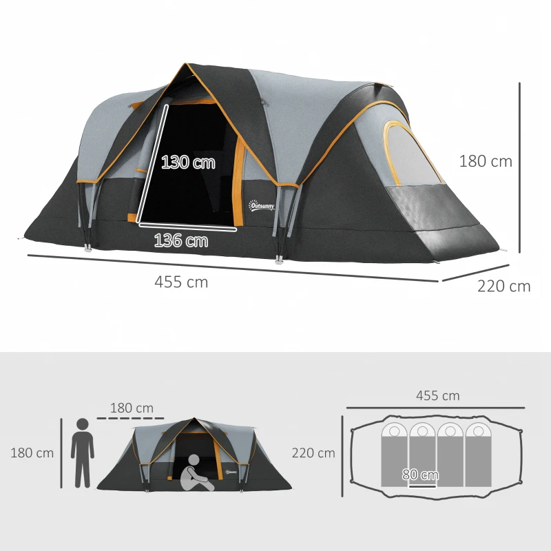 Outsunny Tenda de Campismo para 4-5 Pessoas Impermeável + Anti UV com Bolsa de Transporte e Gancho para Luz 455x230x180cm Cinza e Preto