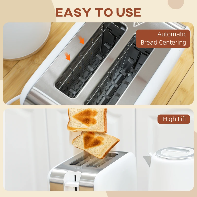 HOMCOM Wasserkocher und Toaster, 1,7 L, Edelstahl, 7 Bräunungsstufen, Aufwärmfunktion, Automatische Abschaltung, Weiß