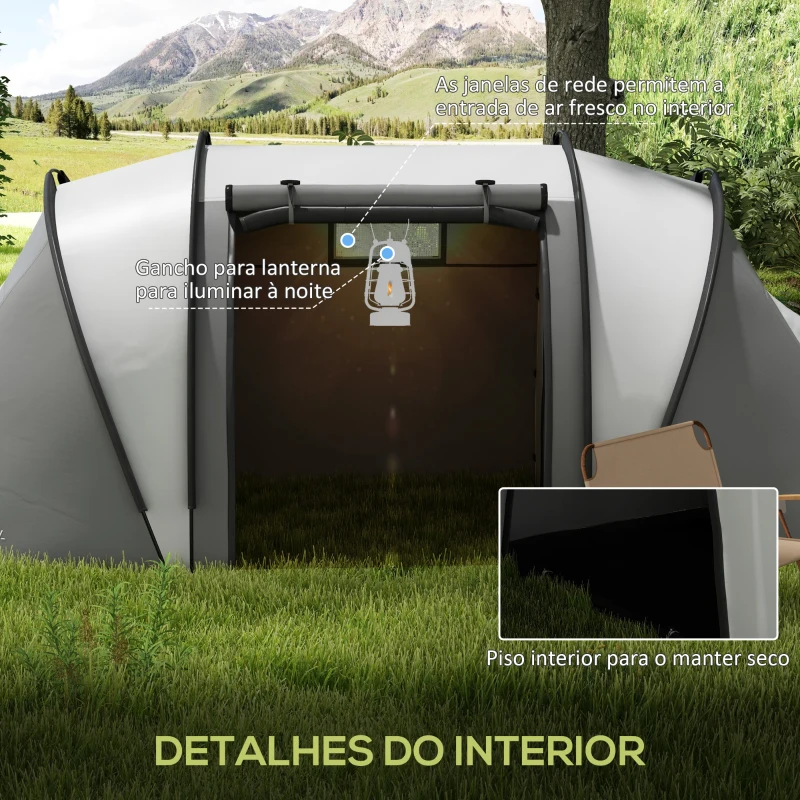 Outsunny Tenda de Campismo Familiar para 4-5 Pessoas Impermeável 3000 mm com 2 Quartos Bolsa de Transporte e Gancho 450x220x180 cm Cinzento