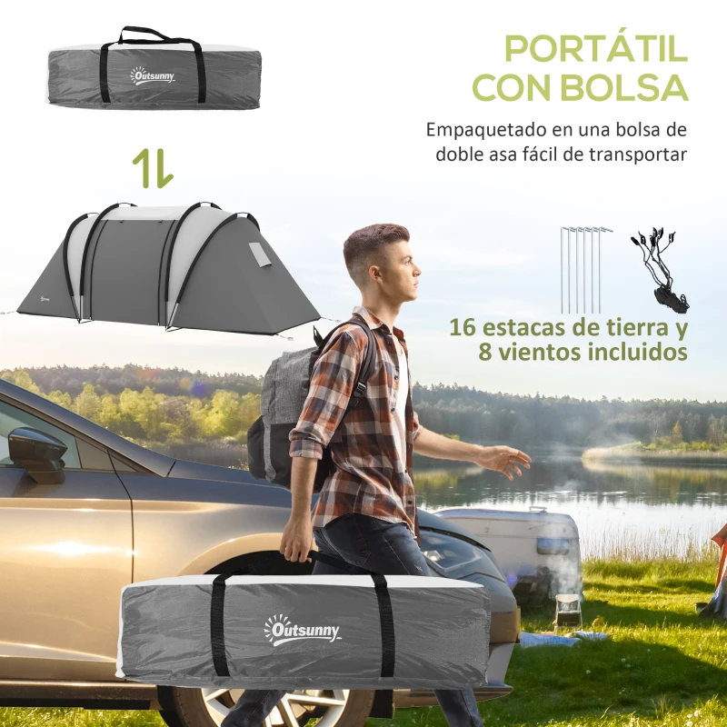 Outsunny Tienda de Camping Familiar para 4-5 Personas con 2 Habitaciones Separadas Puertas y Ventanas 450x220x180 cm Gris