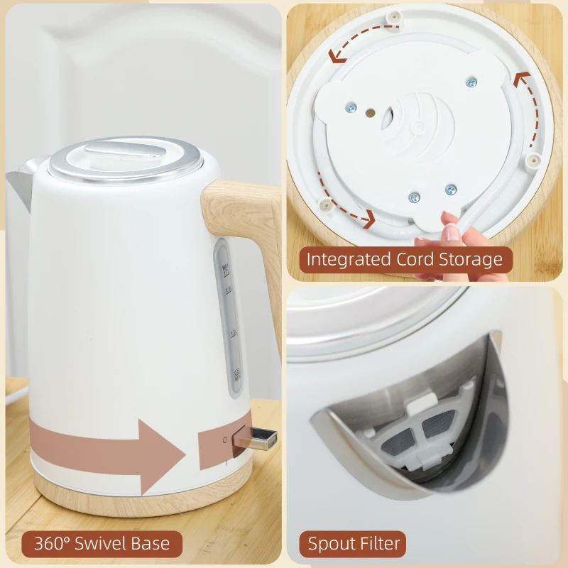 HOMCOM Wasserkocher und Toaster, 1,7 L, Edelstahl, 7 Bräunungsstufen, Aufwärmfunktion, Automatische Abschaltung, Weiß