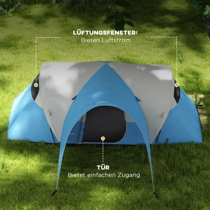 Outsunny Campingtent voor 5-6 Pers., Familietent, Waterdicht, met Voortent, 550L x 300B x 198Hcm, Blauw