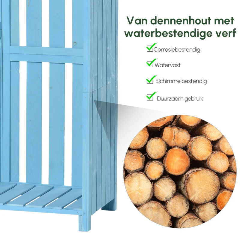 Outsunny tuinhuis gereedschapshuis gereedschapsschuur met opslagruimte voor brandhout gereedschapsschuur met 3 planken asfalt dak dennenhout hemelsblauw 130 x 54,5 x 180 cm