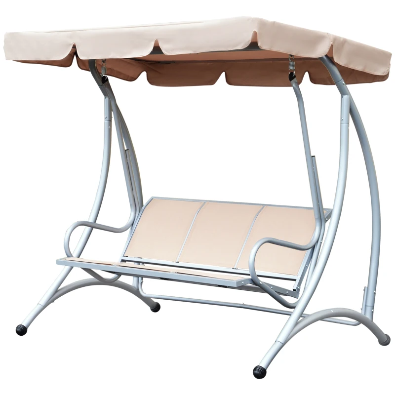 Outsunny 3 Seater Garden Swing Seat, Steel Swing Chair Bench with Adjustable Canopy for Outdoor Patio Porch, Beige