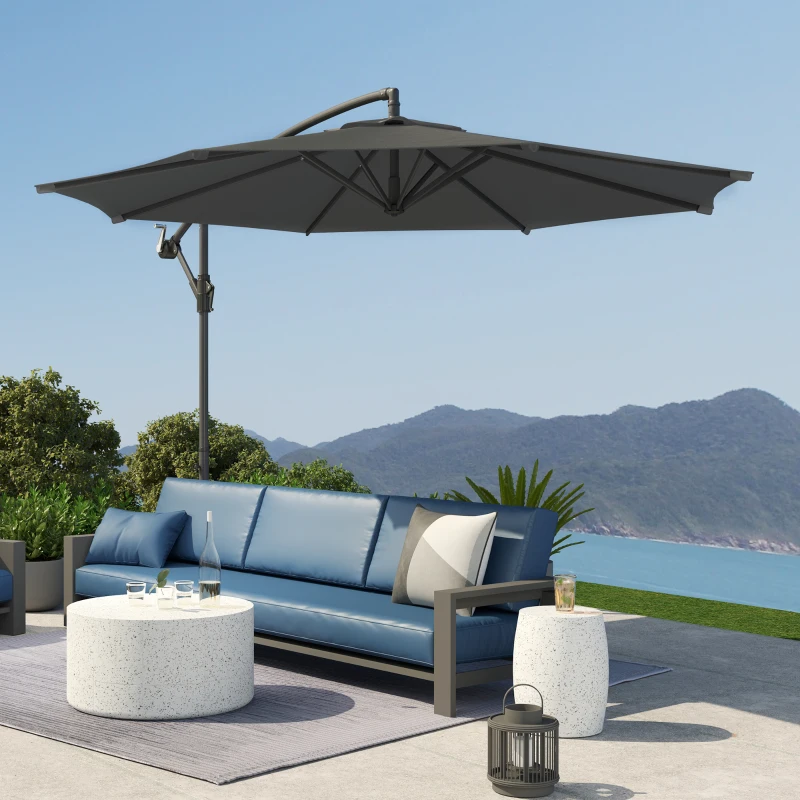 Outsunny Parasol déporté octogonal rabattable diamètre 3 m parasol de jardin avec pied en croix gris foncé
