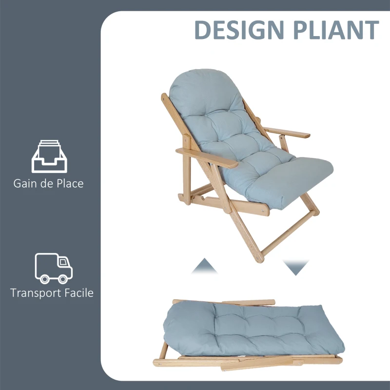 HOMCOM Fauteuil Chaise de Salon Pliable et inclinable en Bois Fauteuil Relax Confortable avec Coussin capitonné épais