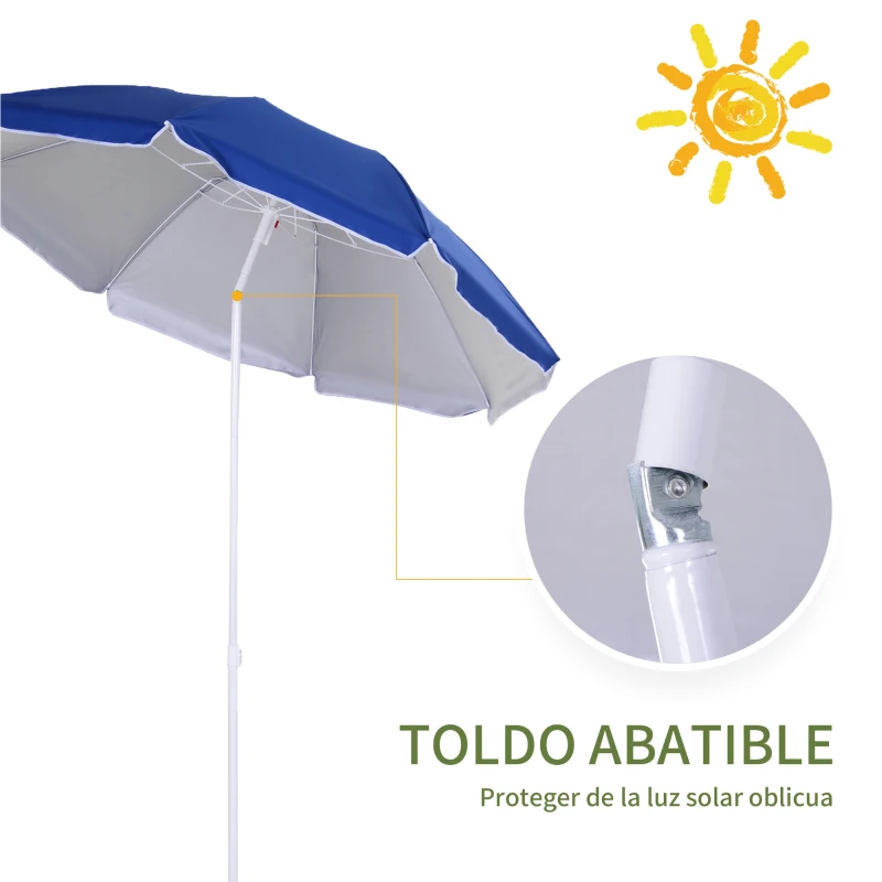 Outsunny Sombrilla de Playa Ajustable con Mástil de Metal Toldo Inclinable Protección UV y Bolsa de Transporte Ø160x205 cm Azul