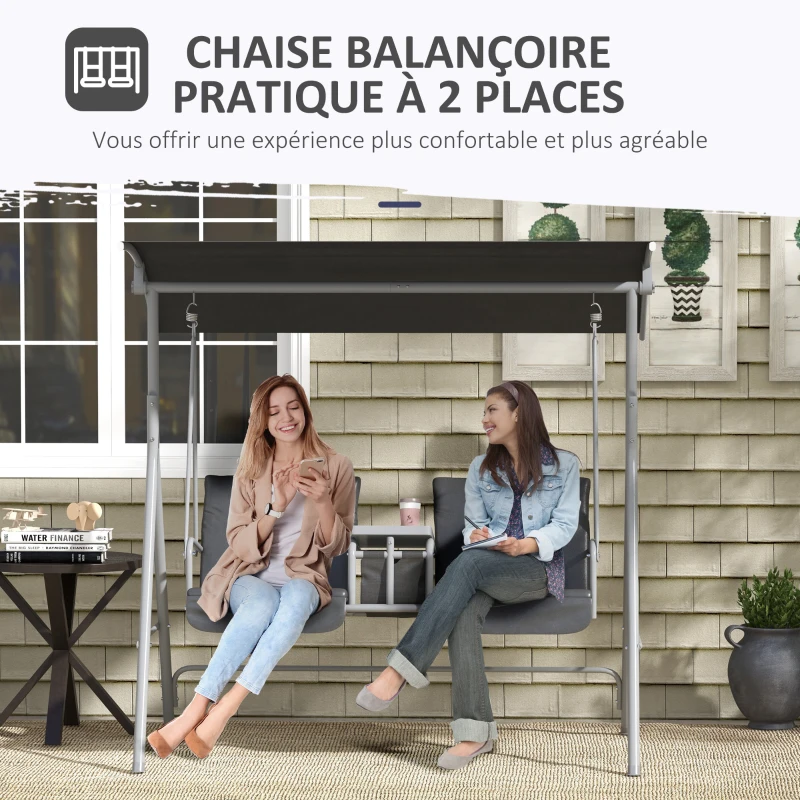 Outsunny Balancelle de jardin 2 places avec auvent inclinable tablette centrale 2 porte-gobelets 175L x 112l x 158H cm gris