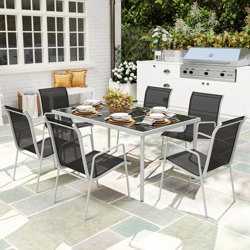 Outsunny Set de Grădină cu Masă Dreptunghiulară din Sticlă și 6 Scaune Stivuibile, 150x90x72 cm, Negru