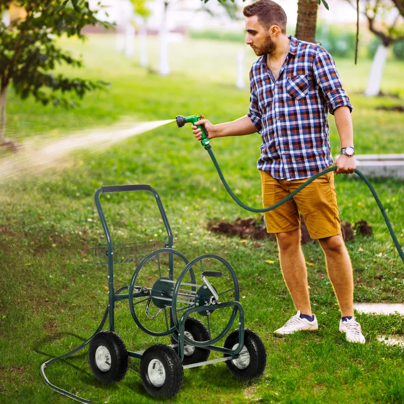Outsunny Dévidoir sur Roues 70 m - dévidoir métal - dévidoir Chariot - Enrouleur Tuyau d'arrosage - poignée antidérapante, Panier Rangement - métal Vert