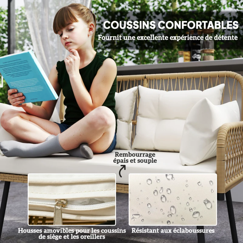Outsunny Canapé de jardin avec coussins et oreillers 2 places en résine tressée, canapé d'extérieur avec accoudoirs bois naturel
