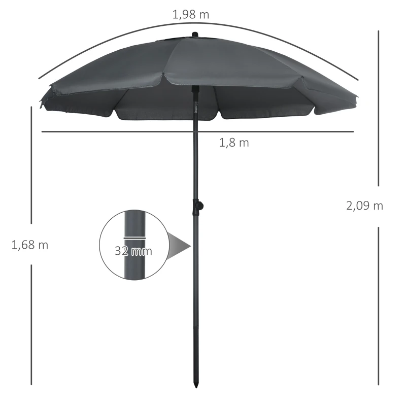 Outsunny Sombrilla de Playa con Protección UV50+ Mástil de Ø32 mm y Toldo Ajustable Ø180x209 cm Gris Oscuro