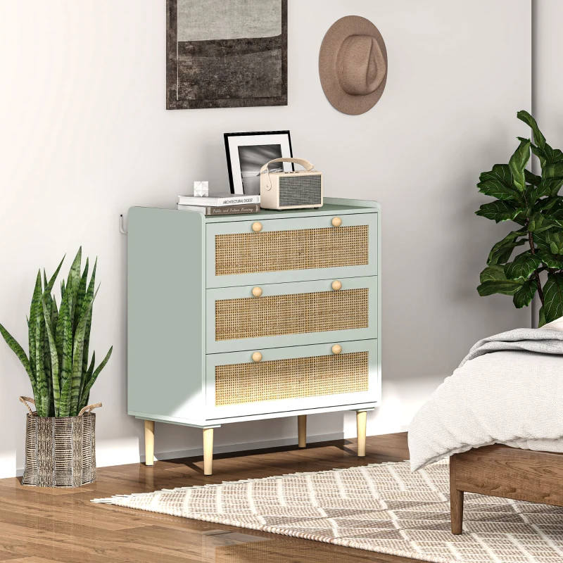 HOMCOM Schlafzimmer-Kommode mit 3 Schubladen, Rattan-Fronten, Kleiderkommode für Flur, Eingangsbereich, MDF, Grün(m-2)