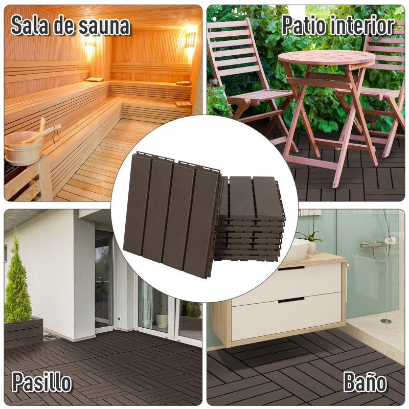 Outsunny Set de 9 Baldosas Cuadradas de 30x30 cm con Área de 0,81 m² Losetas Sistema de Clic para Balcón Terraza Jardín Marrón